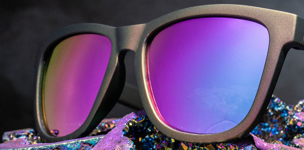 Iri-descent into Madness | iridescent classic square sunglasses with pink purple reflective lenses | goodr sunglasses