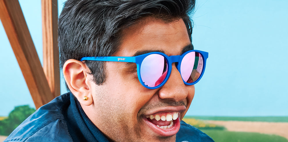 Blueberries, Muffin Enhancers |blue circle sunglasses with pink purple reflective lenses | Limited Edition Farmers Market goodr sunglasses