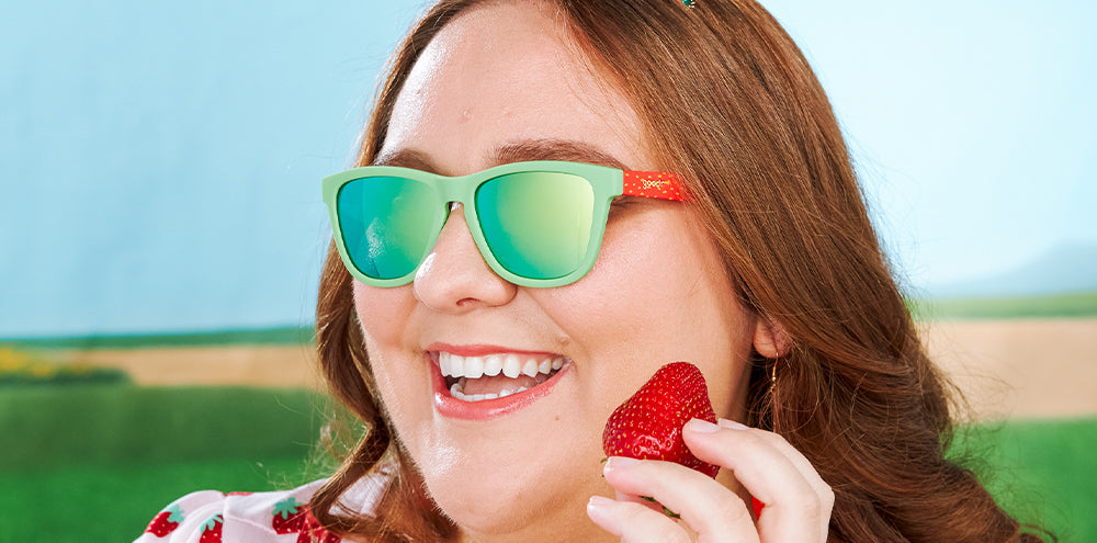 Strawberries are my Jam |green and red traditional sunglasses with green reflective lenses | Limited Edition Farmers Market goodr sunglasses
