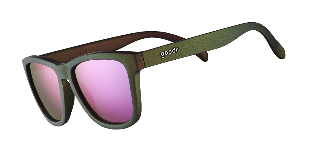Iri-descent into Madness | iridescent classic square sunglasses with pink purple reflective lenses | goodr sunglasses
