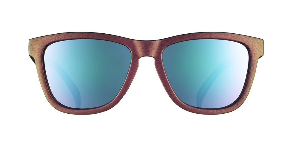 Iri-descent into Madness | iridescent classic square sunglasses with pink purple reflective lenses | goodr sunglasses