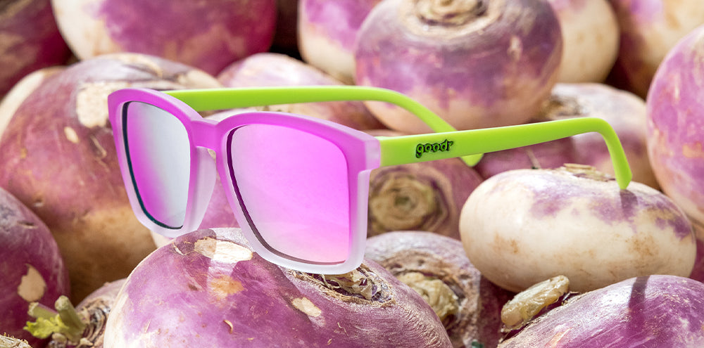 Turnip for What? Nutrition! |green and purple traditional narrow sunglasses with dark pink reflective lenses | Limited Edition Farmers Market goodr sunglasses