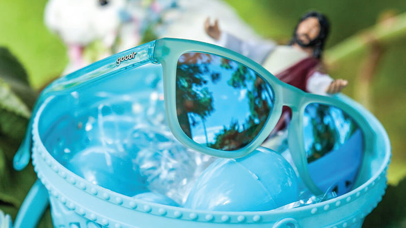 Rabbit Egg Hunt with Zombie Jesus | Baby blue sunglasses with reflective blue lens | goodr sunglasses